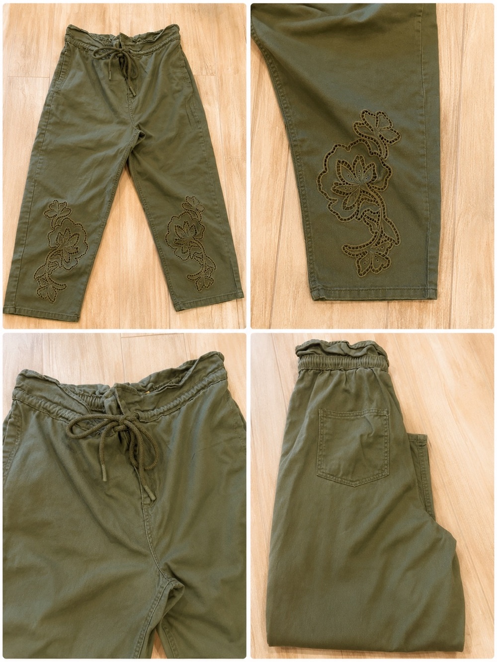 Women's Olive Green Drawstring Embroidered Cotton Trousers